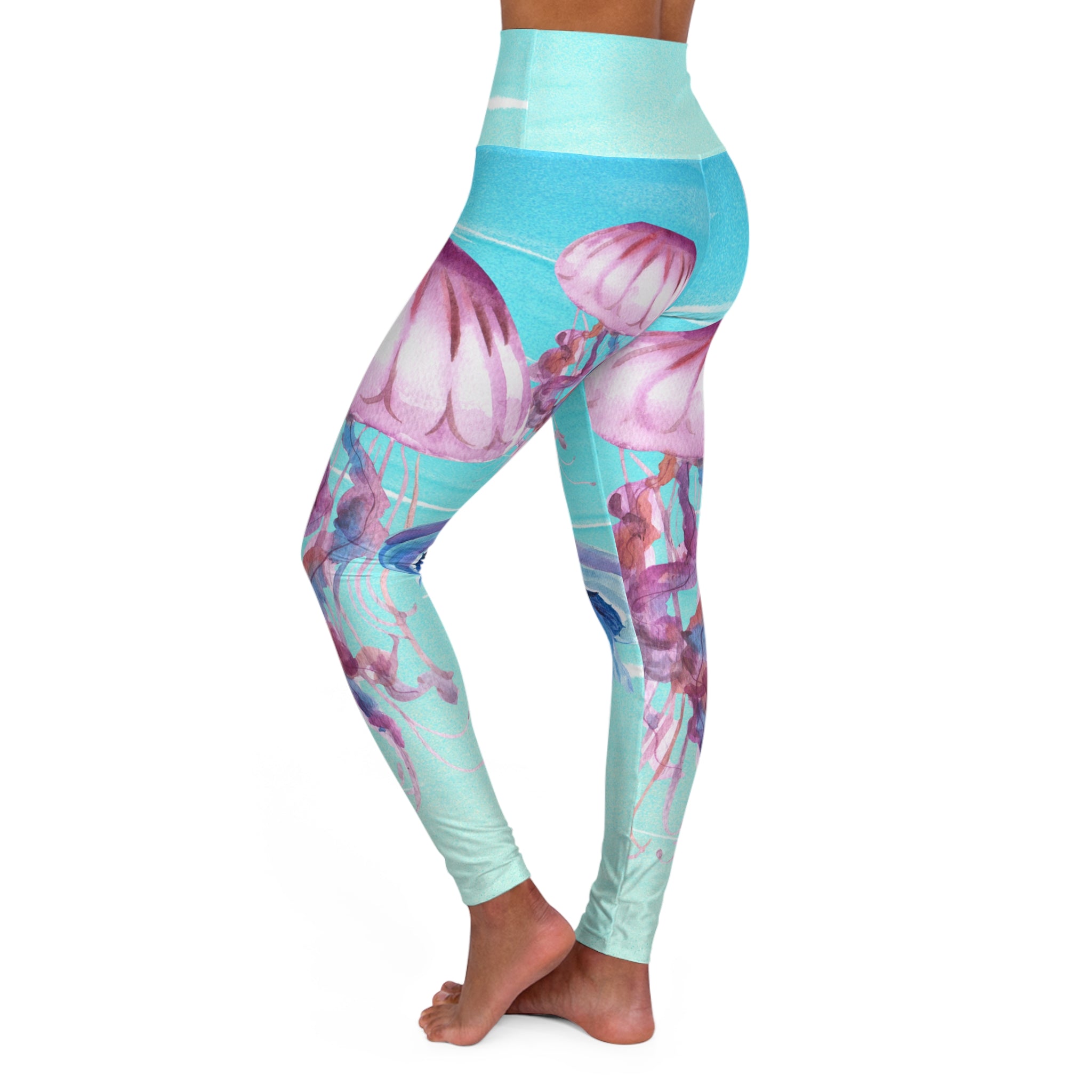 Women's Jellyfish High-Waist Yoga Leggings — Watercolor Ocean Print