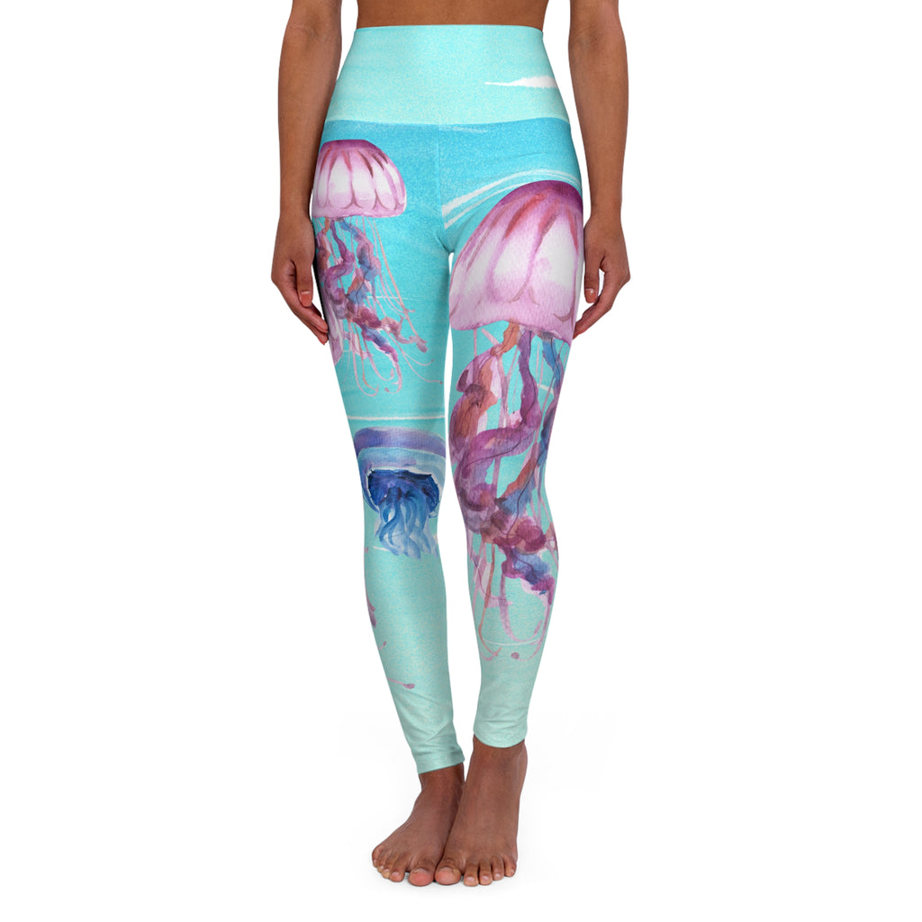 Women's Jellyfish High-Waist Yoga Leggings — Watercolor Ocean Print