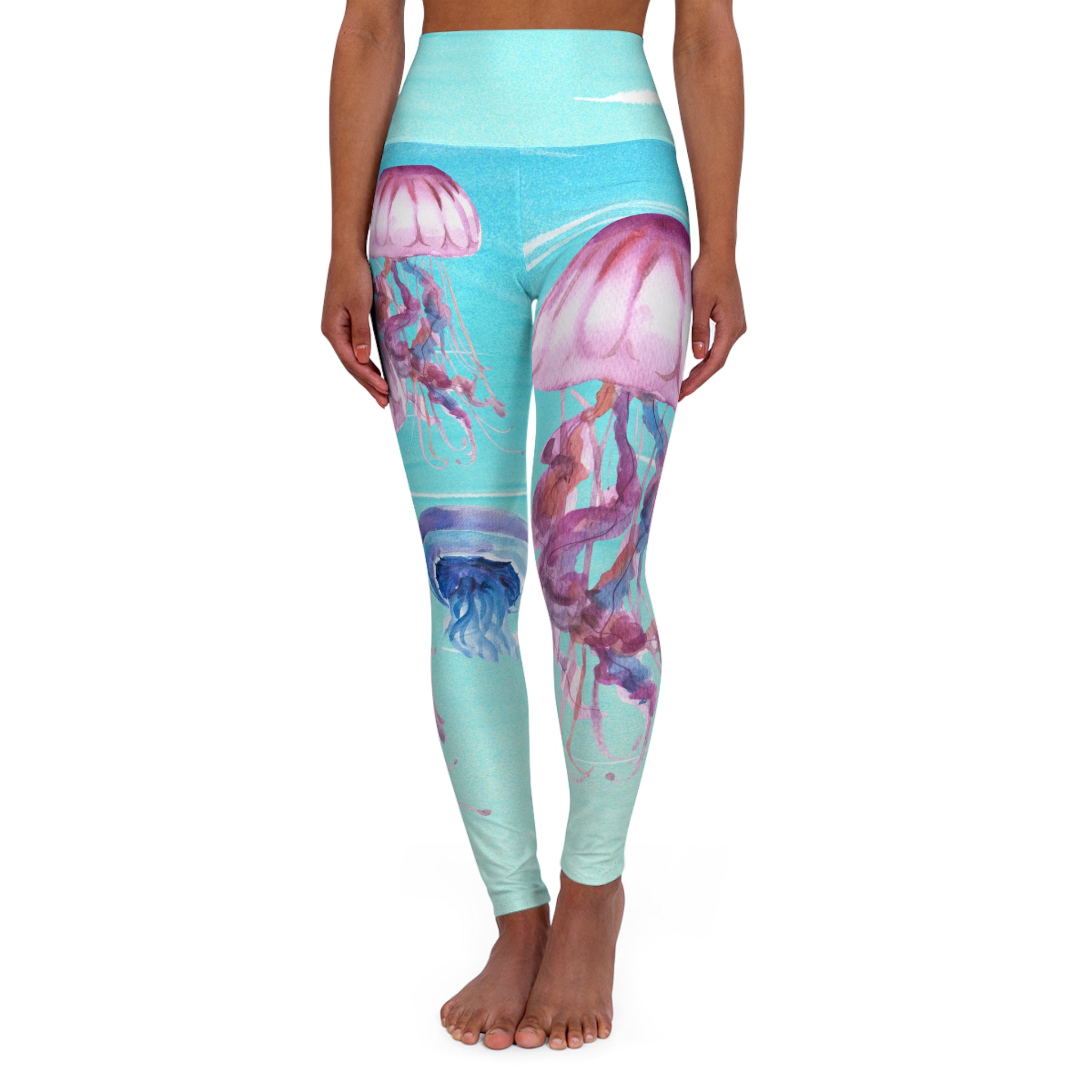 Women's Jellyfish High-Waist Yoga Leggings — Watercolor Ocean Print