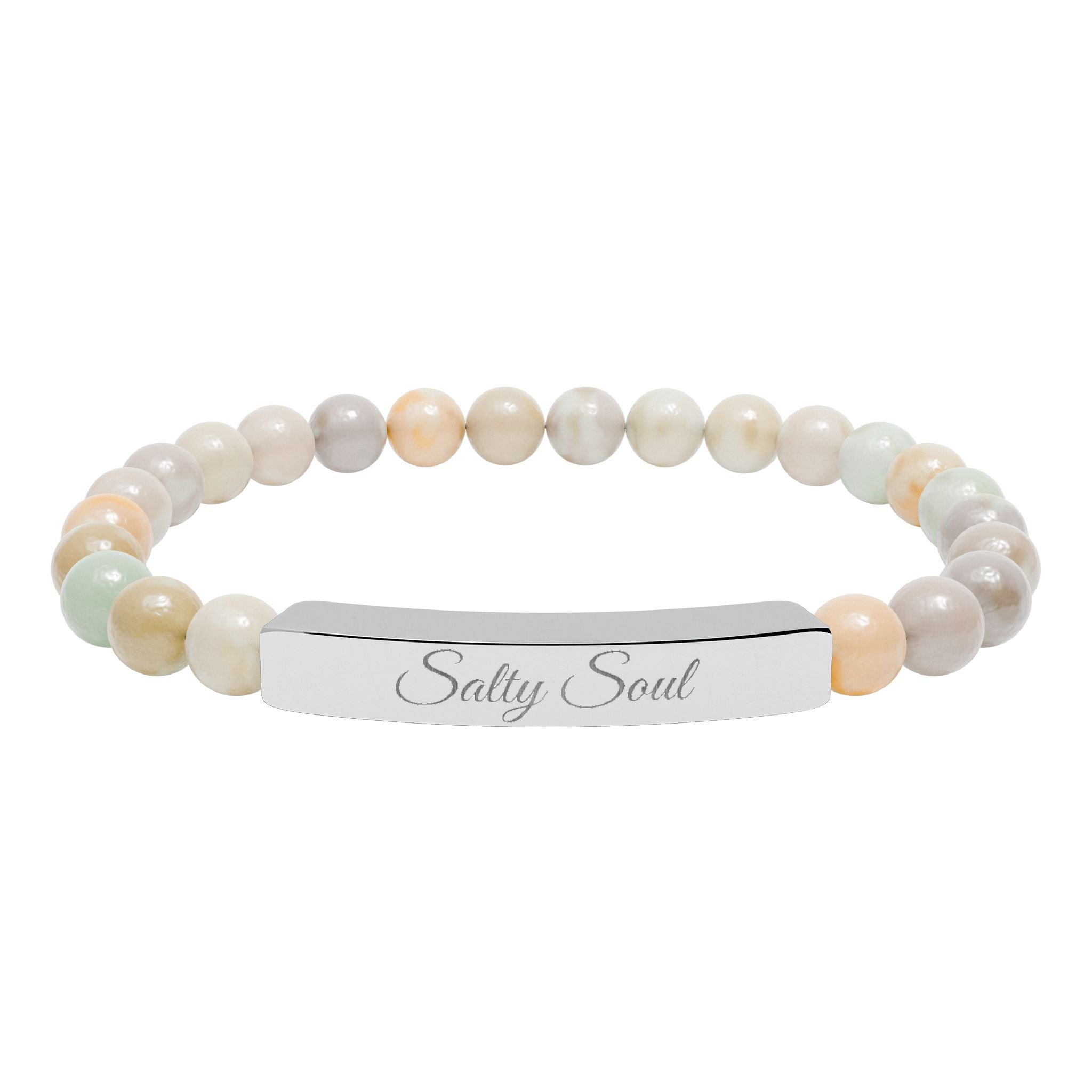 Engraved Natural Stone Stretch Bar Bracelet — Personalized Healing Gem Beaded Bracelet