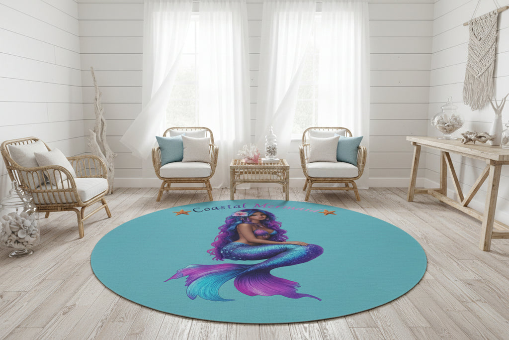 Coastal Mermaid Round Rug — Turquoise Beach Décor Mat