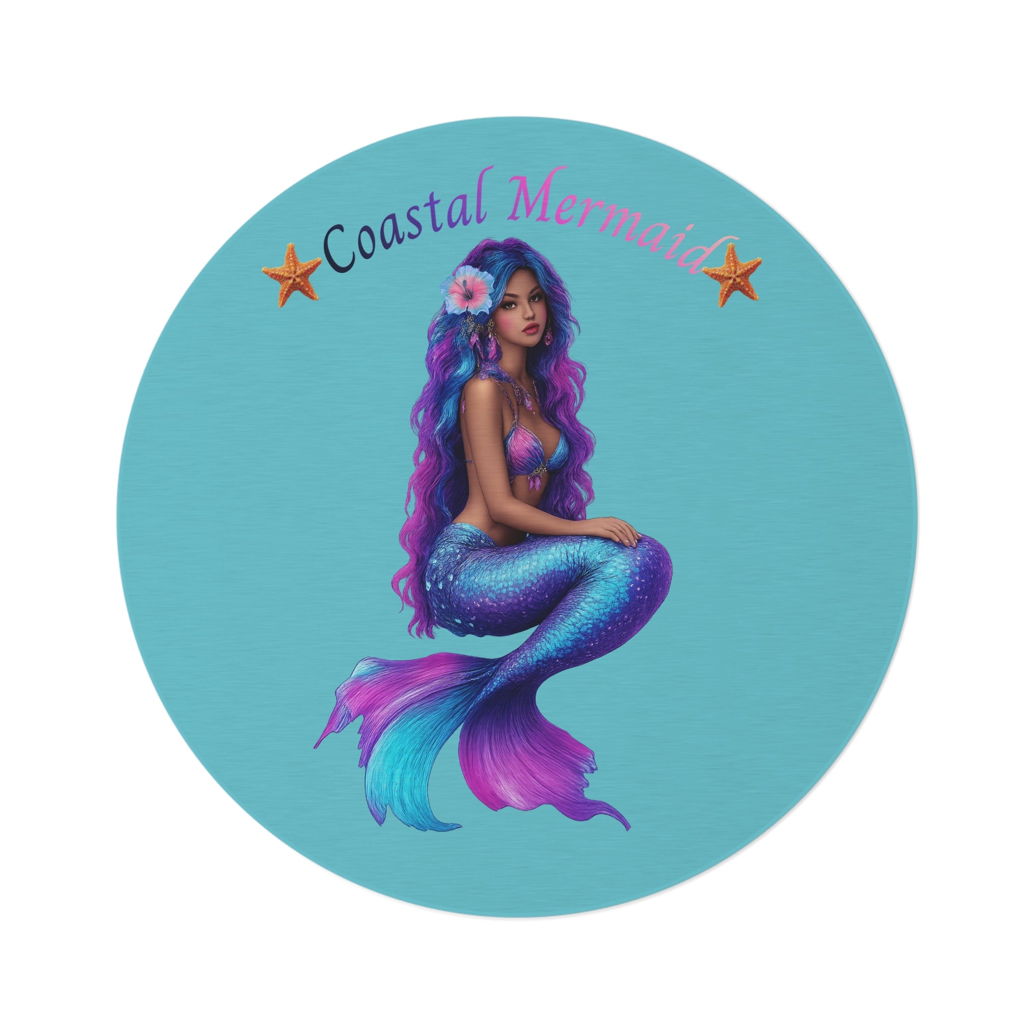 Coastal Mermaid Round Rug — Turquoise Beach Décor Mat