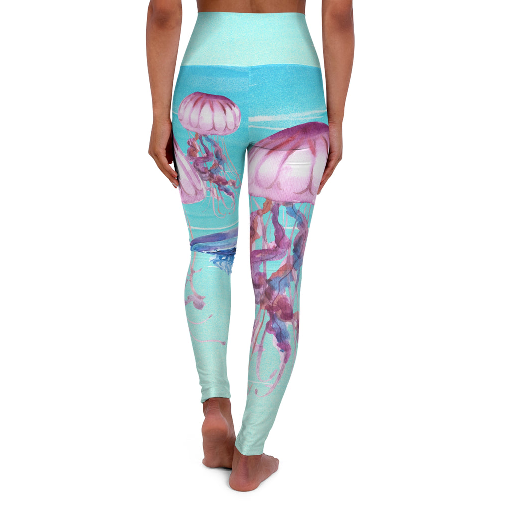 Women's Jellyfish High-Waist Yoga Leggings — Watercolor Ocean Print