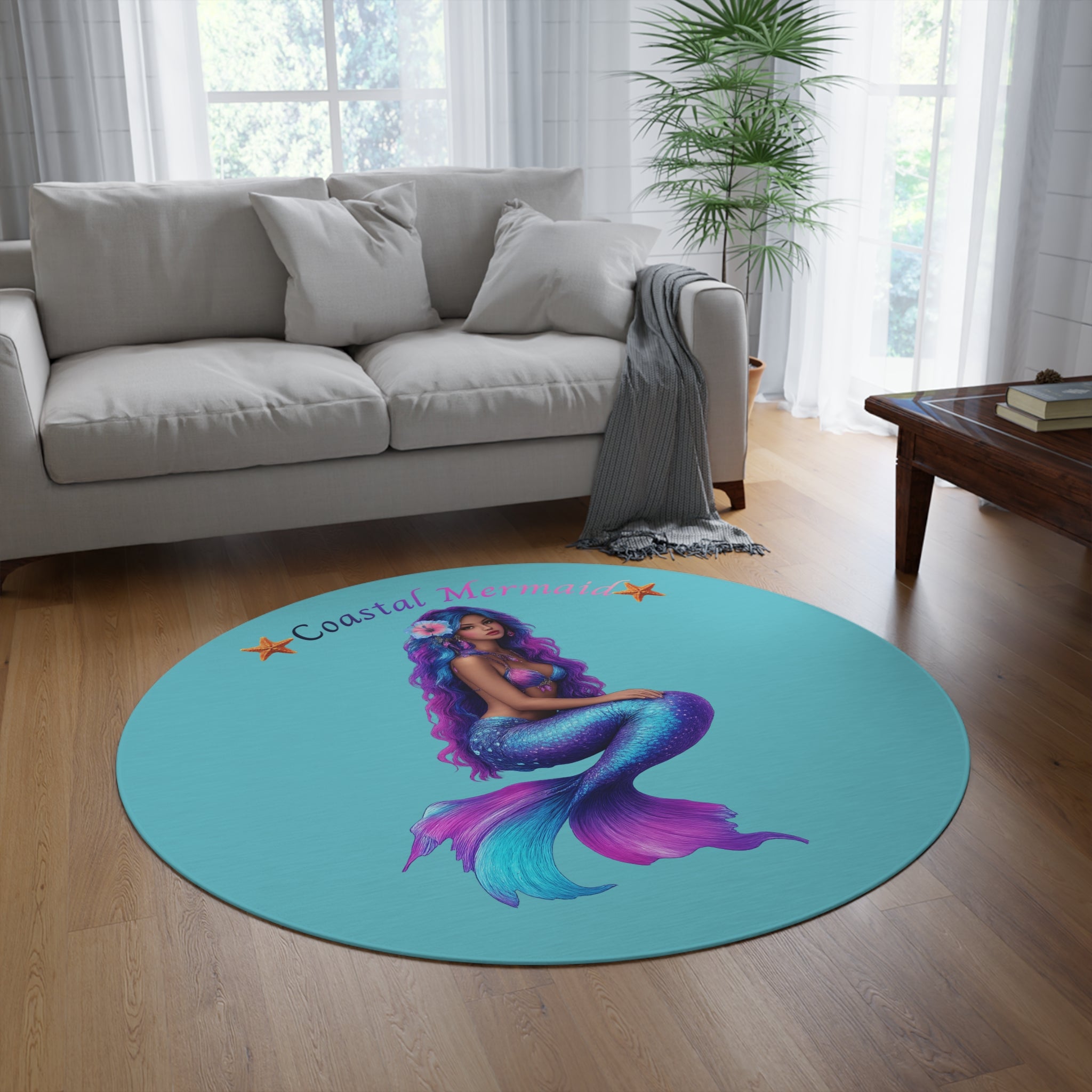 Coastal Mermaid Round Rug — Turquoise Beach Décor Mat