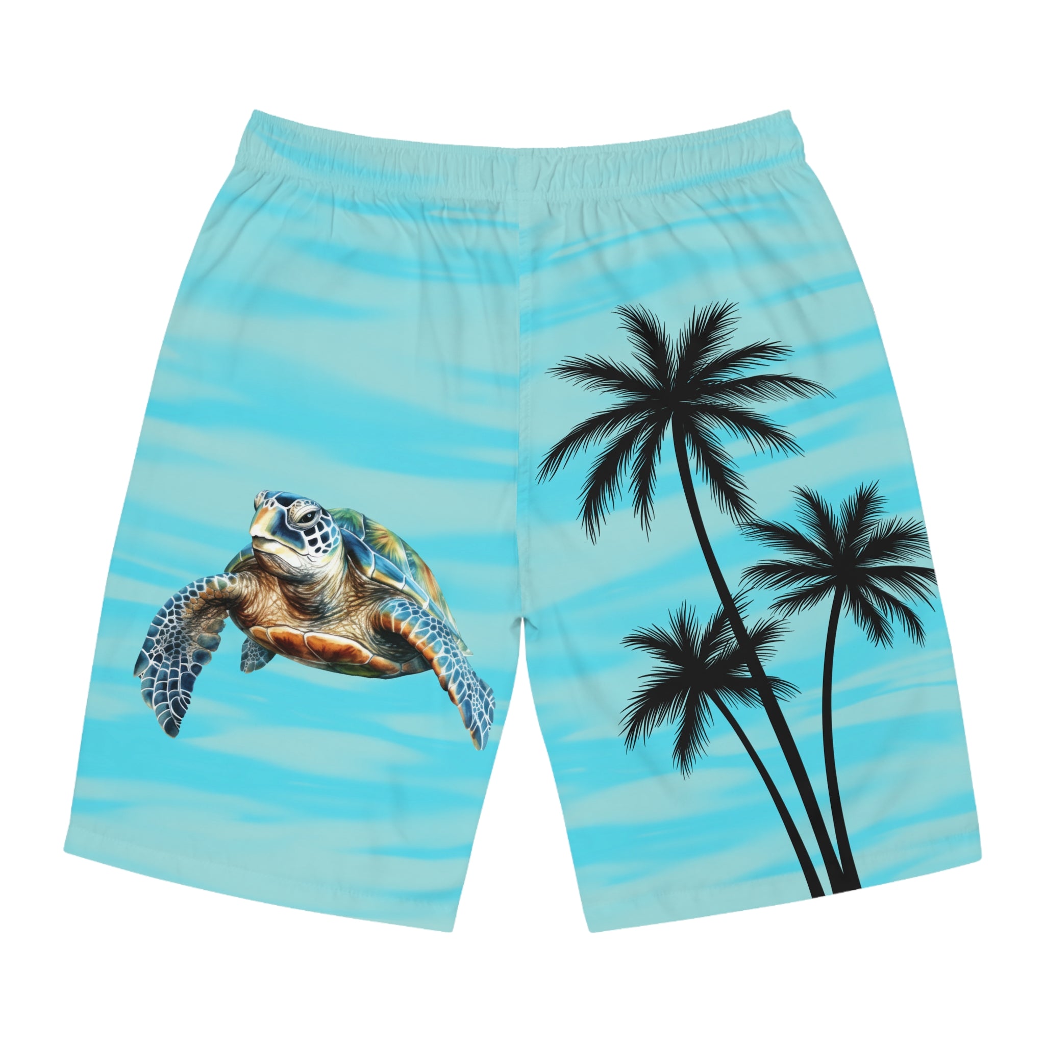 Sea Turtle Palm-Print Board Shorts — Men's Tropical Swim Trunks