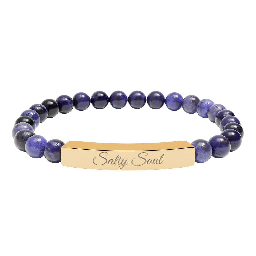 Engraved Natural Stone Stretch Bar Bracelet — Personalized Healing Gem Beaded Bracelet