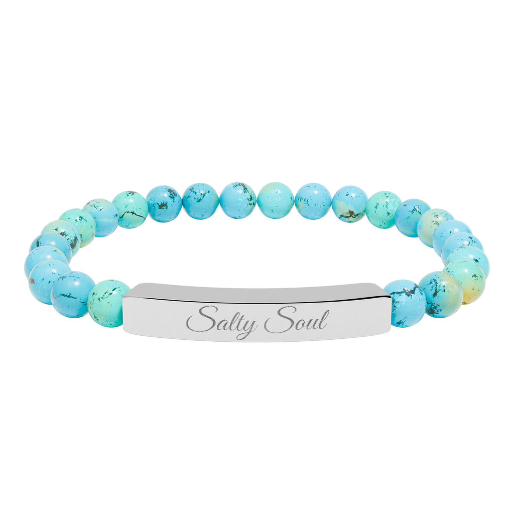 Engraved Natural Stone Stretch Bar Bracelet — Personalized Healing Gem Beaded Bracelet