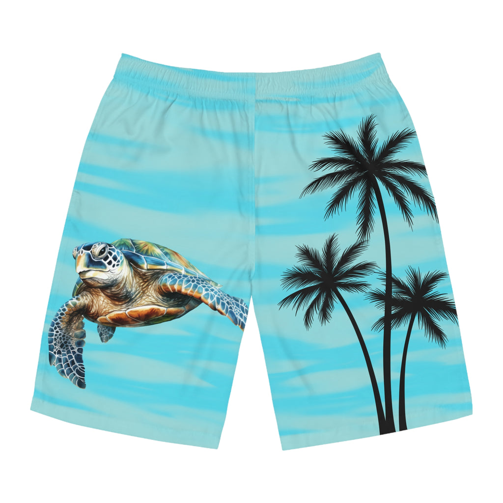 Sea Turtle Palm-Print Board Shorts — Men's Tropical Swim Trunks
